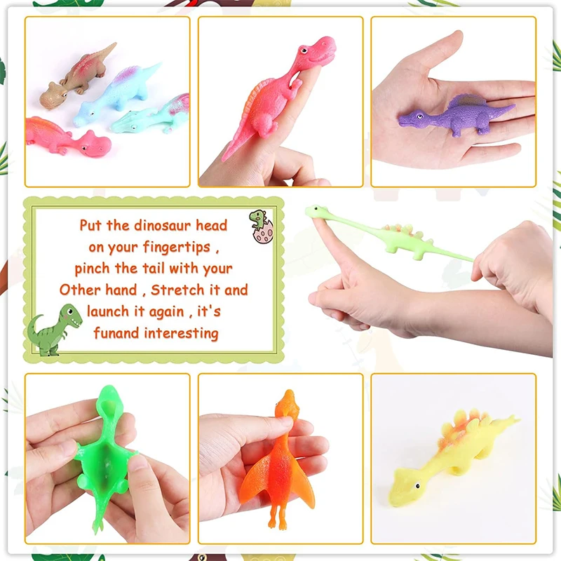20PCS Slingshot Dinosaur Finger Toys Mini Rubber Dino Finger Flying Launch Stretchy Toy Kids Party Birthday Favors Gifts
