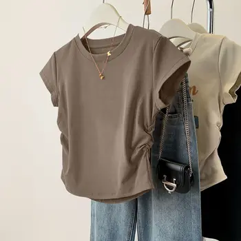 Women Summer Short Sleeved Top for Fashion Versatile Base Shirt Slim Fit Round Neck T-shirt Casual and Sexy Breathable and Cool 1