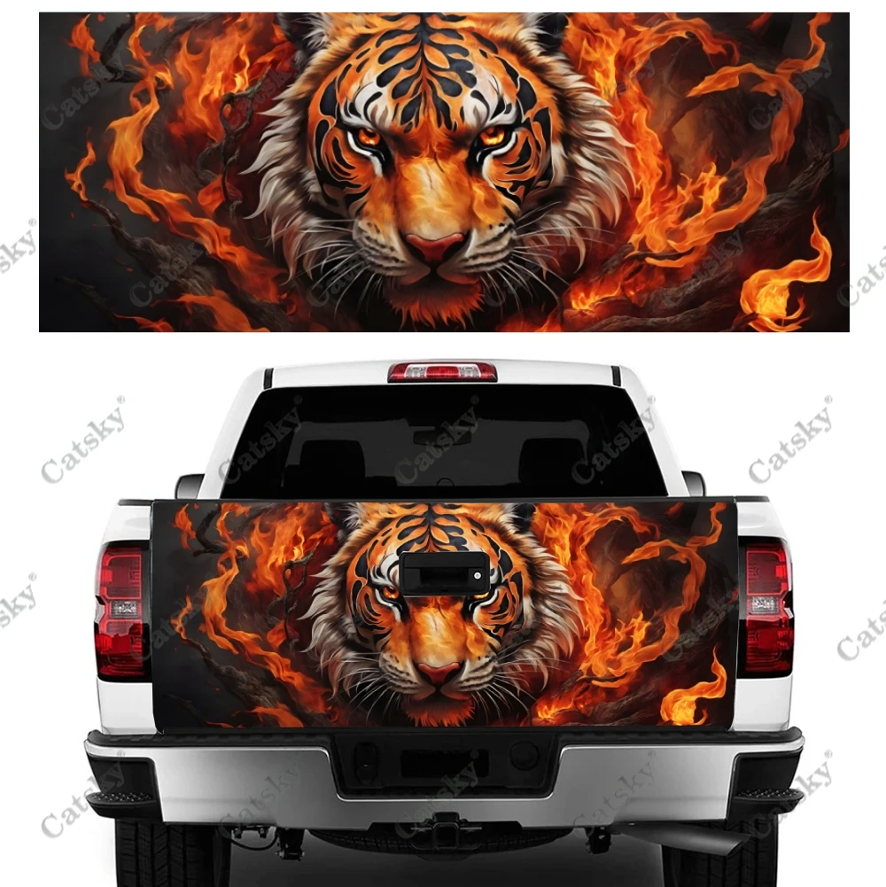 

Angry Tiger With Flames Truck Tailgate Wrap Professional Grade Material Universal Fit for Full Size Trucks Weatherproof