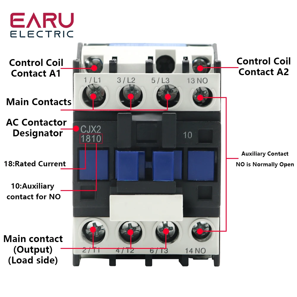 AC contactor CJX2-1810 LC1 18A 3 Phase 3-Pole NO Coil Voltage 380V 220V 110V 36V 24V 50/60Hz Din Rail Mounted 3P+1NO Normal Open