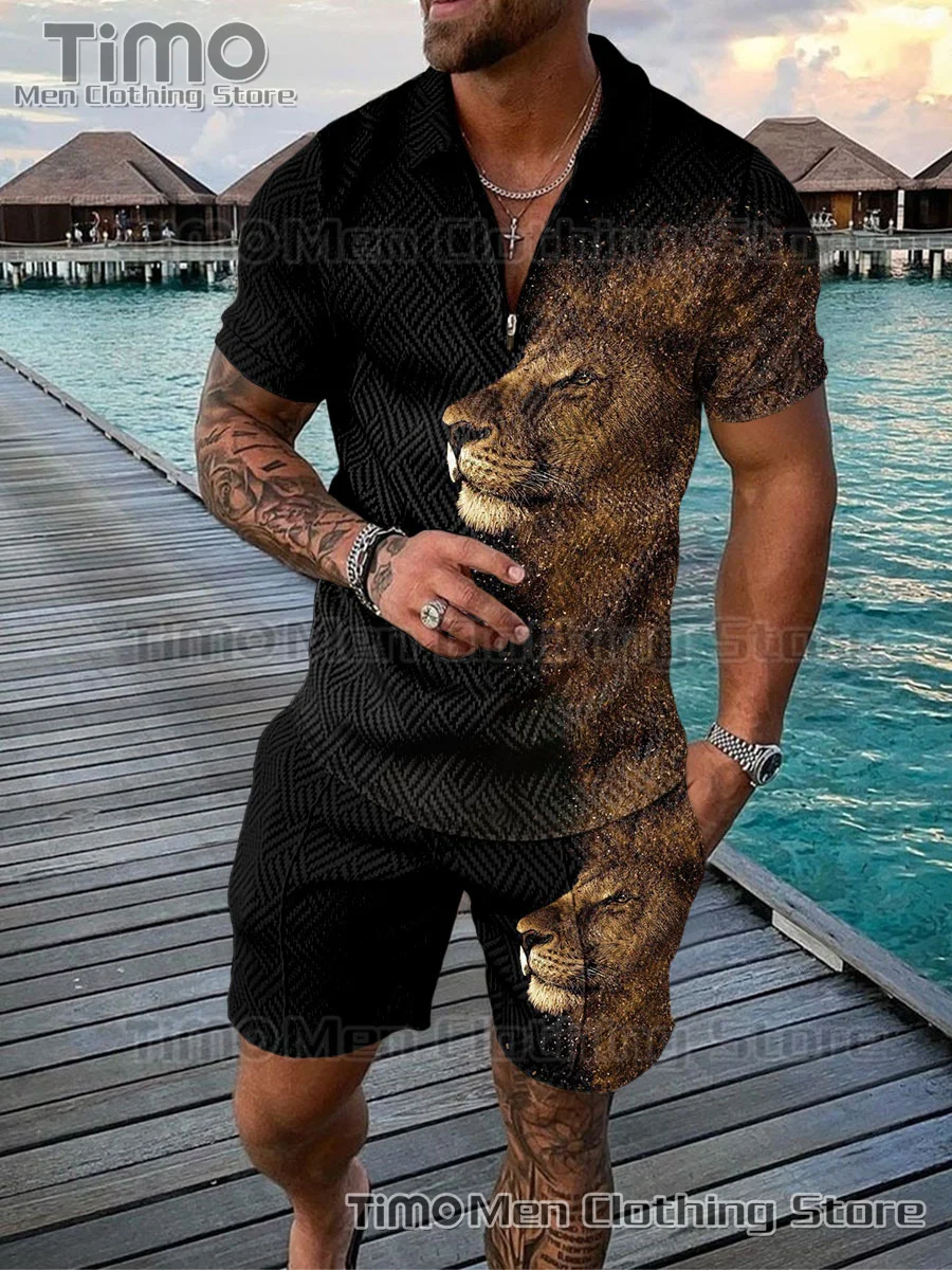 New Lion 3D Printed Men's Tracksuit Set Summer Beach Leisure Short Sleeve Breathable Quick Drying Fashion Jogging Set for Men summer men s basketball tank top breathable quick drying sportswear free custom printed letter tank top men s casual running set