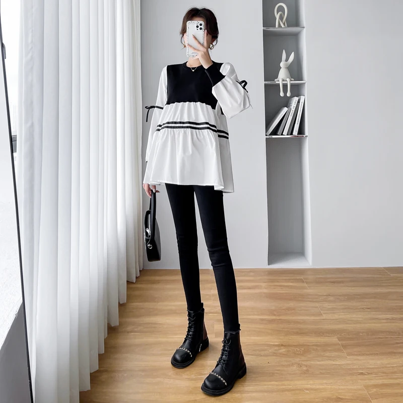 Korean Style Spring Autumn Loose Stripe Pregnant Women Cotton Shirts Plus Size Maternity Clothes Black White Patchwork Blouses