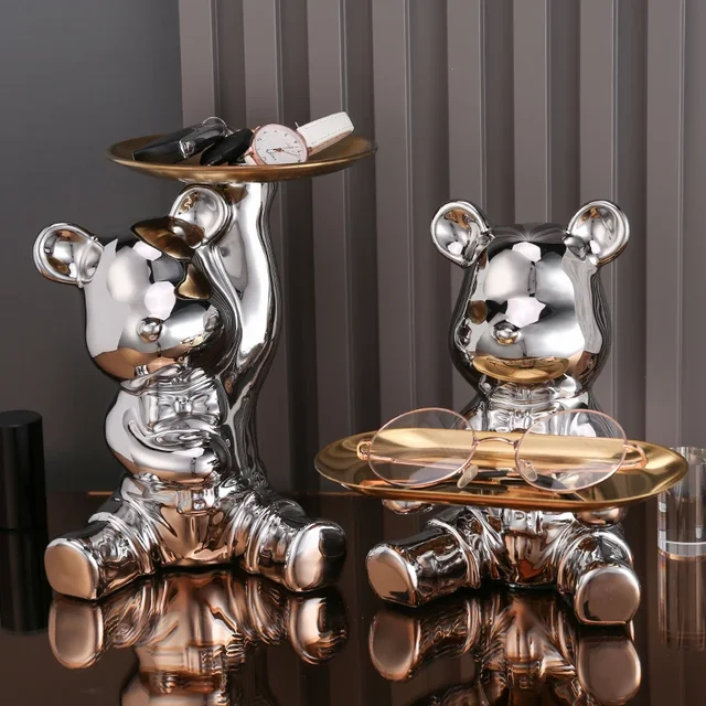 Boîte de rangement ours en céramique plaqué coloré, décoration de maison, salon, nouveau plateau de bureau, Statue décorative, boîte à monnaie, ornements 3