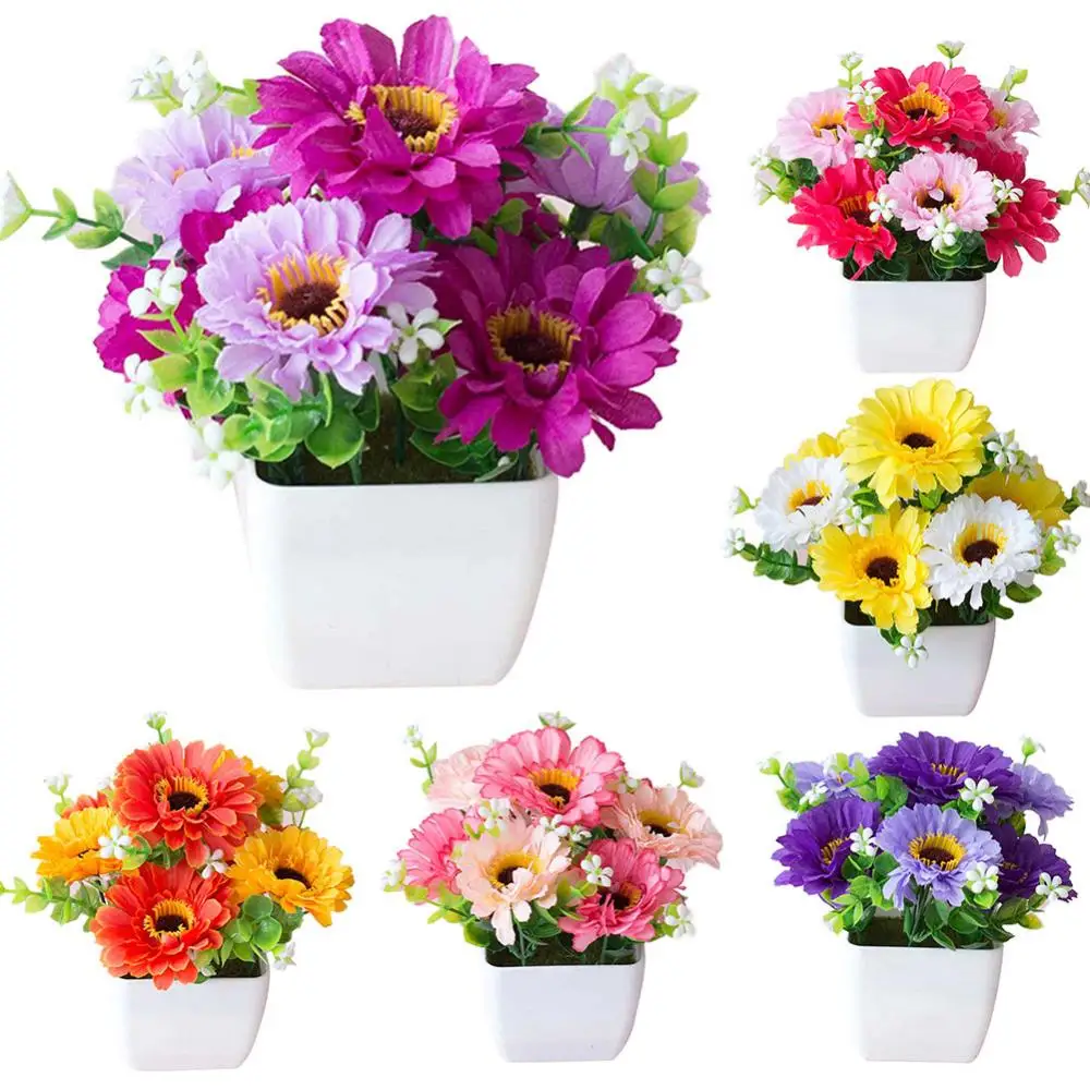 

17*13cm Artificial Chrysanthemum Flower Gypsophila Wood Pot Bonsai Simulation Small Tree Pot Plant Potted Prop Garden Home Decor