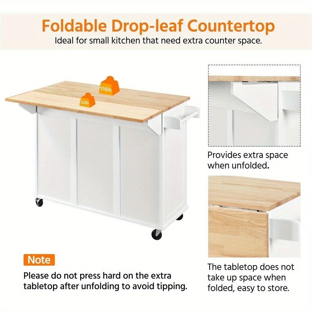 Rolling kitchen with deciduous top, kitchen cart with 3 drawers and cupboards