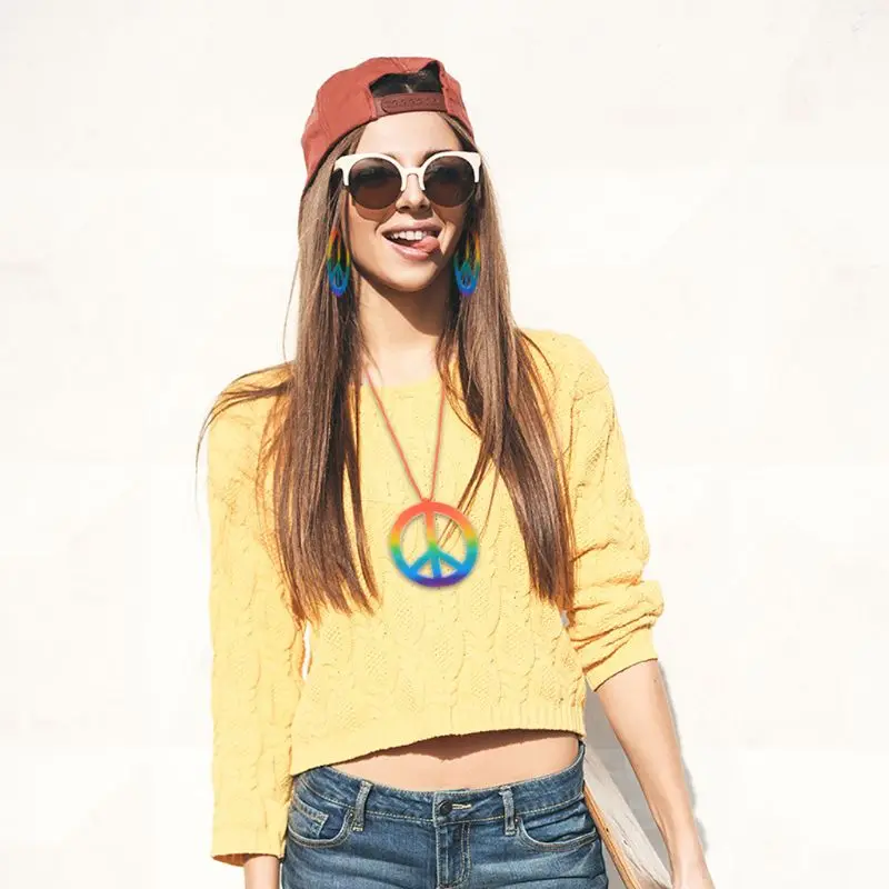 Fashion Hippie Costume Jewelry Set 60s 70s Rainbow Peace Sign Pendant Necklace Earring Decoration Gift for Friend Sister 2