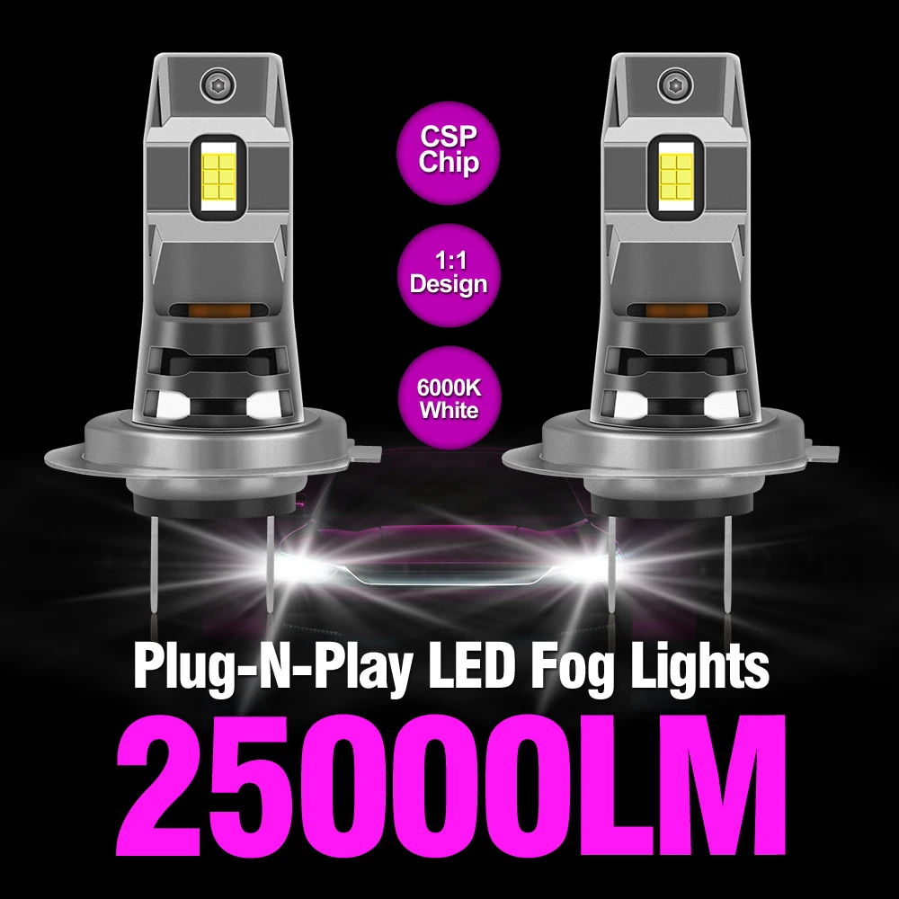 2pcs Mini H7 LED Headlight Bulb CSP Chips Car Headlamp Light Fog Lamps H7 Led Turbo Automobile White 6000K 12V Plug and Play