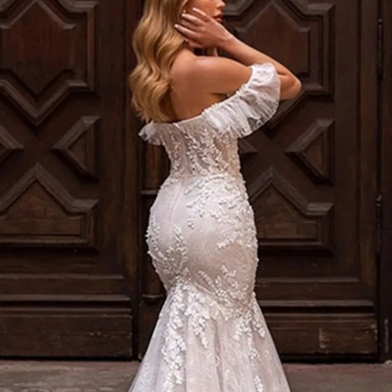 bridesmaid Luxury Cap Sleeves Lace Wedding Dress Mermaid 2022 Sweetheart Tulle Bridal Gown With Train Sexy Backless Bow  Shiny Custom Made casual wedding dresses