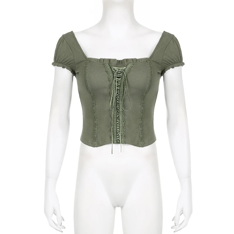 Camiseta corta verde vintage para mujer, con volantes, cuello cuadrado Y2K, estilo grunge, camiseta sexy y elegante de manga corta, ropa de calle