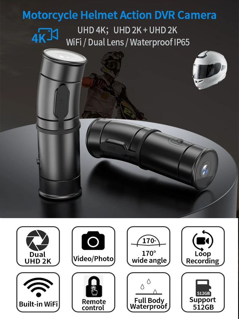 Caméra Action 2K WiFi Étanche pour Vélo Moto montrant son écran et ses boutons, carte TF 64 Go insérée.