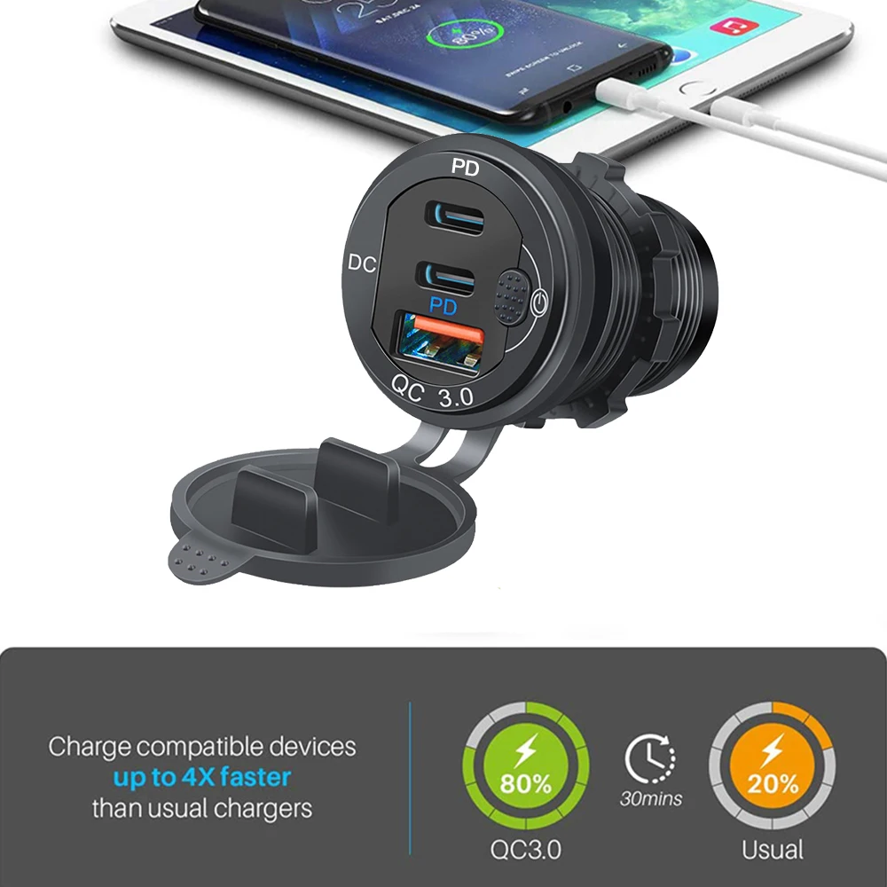차량용 충전기 소켓 PD3.0 및 QC3.0 USB Type-c 포트 LED 터치 스위치로 방수 115W 고속 충전 자동차 모토 어댑터 12V/24V