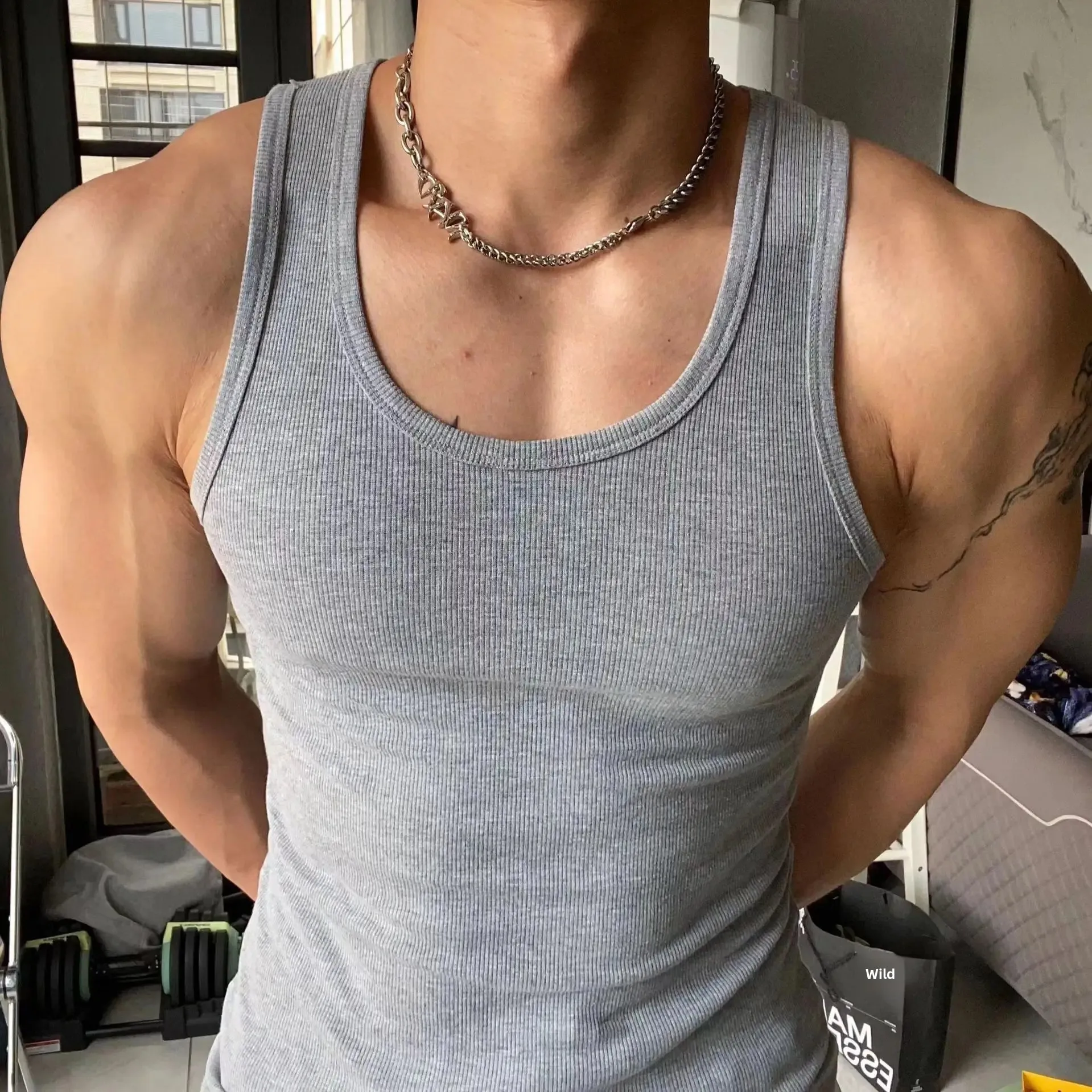 Men's Ice Silk Round Neck Fitness Vest Heavy Duty Screw Threadslims Smooths Your Silhouette Elastic Sports Underwear Quick Dry M men underwear,men undershirt,sports sleeveless vest