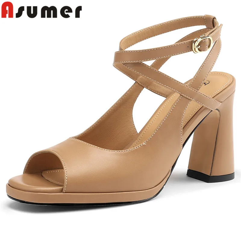 

ASUMER New Peep Toe Genuine Leather Women Sandals 2024 Thick High Heels Platform Sandals Buckle Ladies Dress Slingbacks Shoes