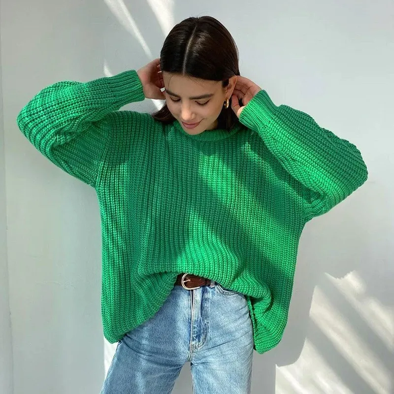

2023 Autumn/Winter New Comfortable and Fashionable Loose Half Round Neck Solid Long Sleeve Lazy Knitted Coat Women's Sweater