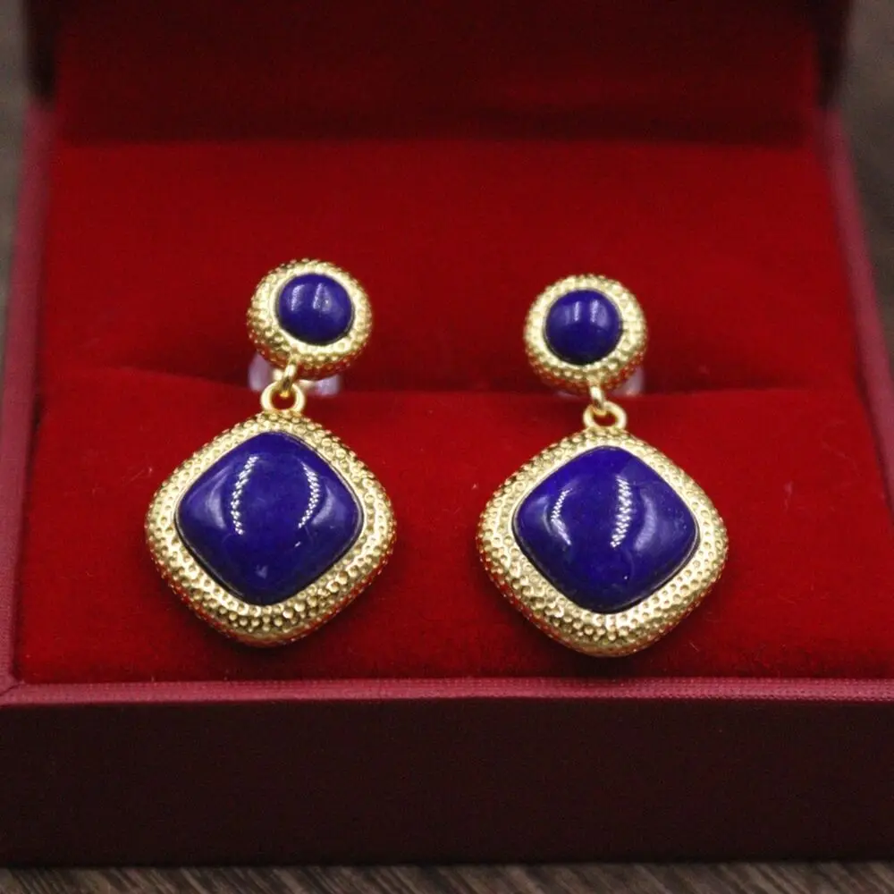 

Real S925 Sterling Silver Stud Women Lapis Lazuli Square Round Dangle Earrings