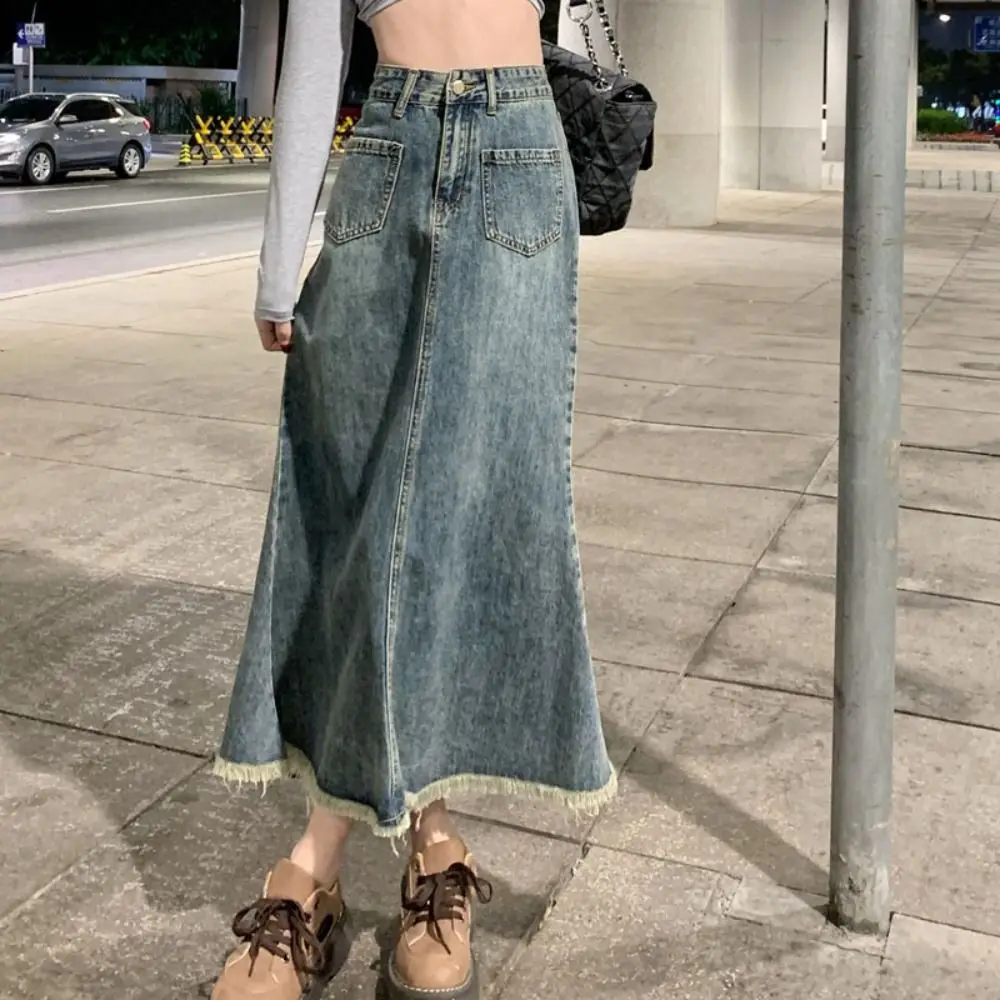 Fashion High Waist Denim Skirt Women Solid Color Chic High Waist Long Skirt Loose Retro A-line Half Dress Daily