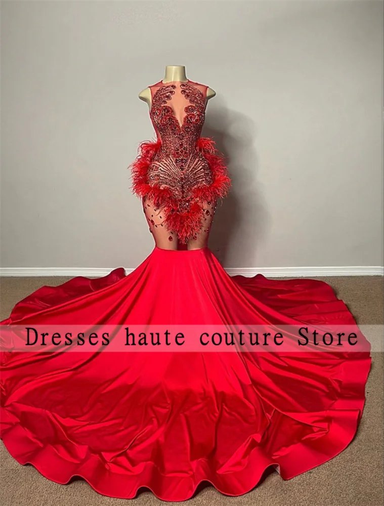

Red Diamonds Long Prom Dress For Black Girls 2024 Beaded Crystal Feather Evening Gown Birthday Party Dresses Vestido