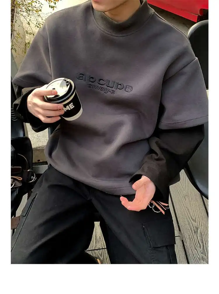 Große Größe Herren American Heavy-Duty Stickerei Fake Zweiteiliges Rundhals-Sweatshirt Frühling All-Match Casual Loose Jacke – Detail 8