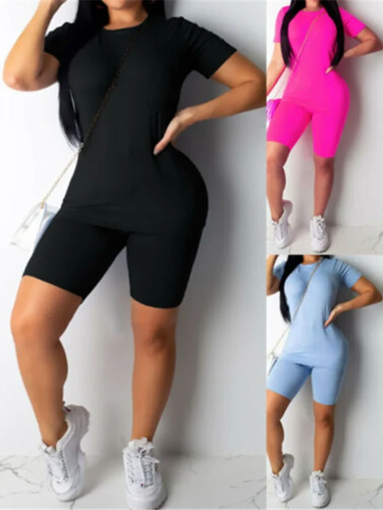 

7 Colors Women 2pcs Short Set Solid Short Sleeve Slim T-Shirt Tops High Waist Elastic Band Shorts Set for Lady Yoga Workout Suit