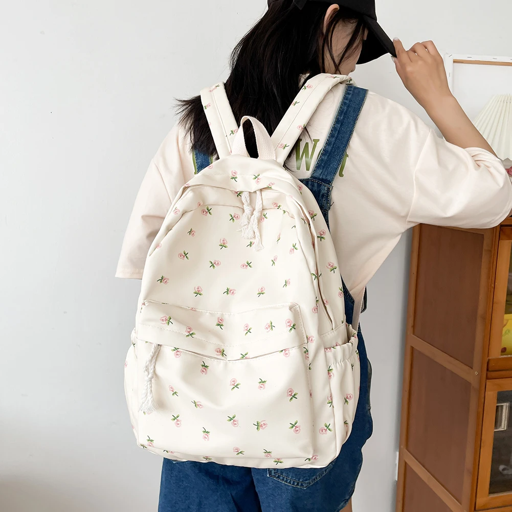 

Women College Student Backpack Large Capacity Flower Book Schoolbag Adjustable Strap Casual Floral Backpack Teenage Girl Bag