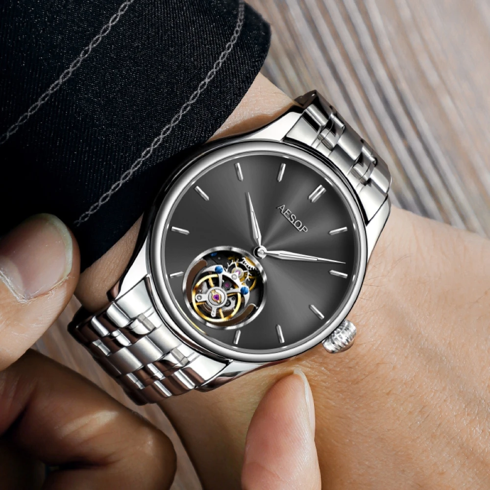 AESOP Real Flying Tourbillon Skeleton Watch for Men Mechanical Wristwatches Male Clocks Skeleton Sapphire Waterproof WatchA
