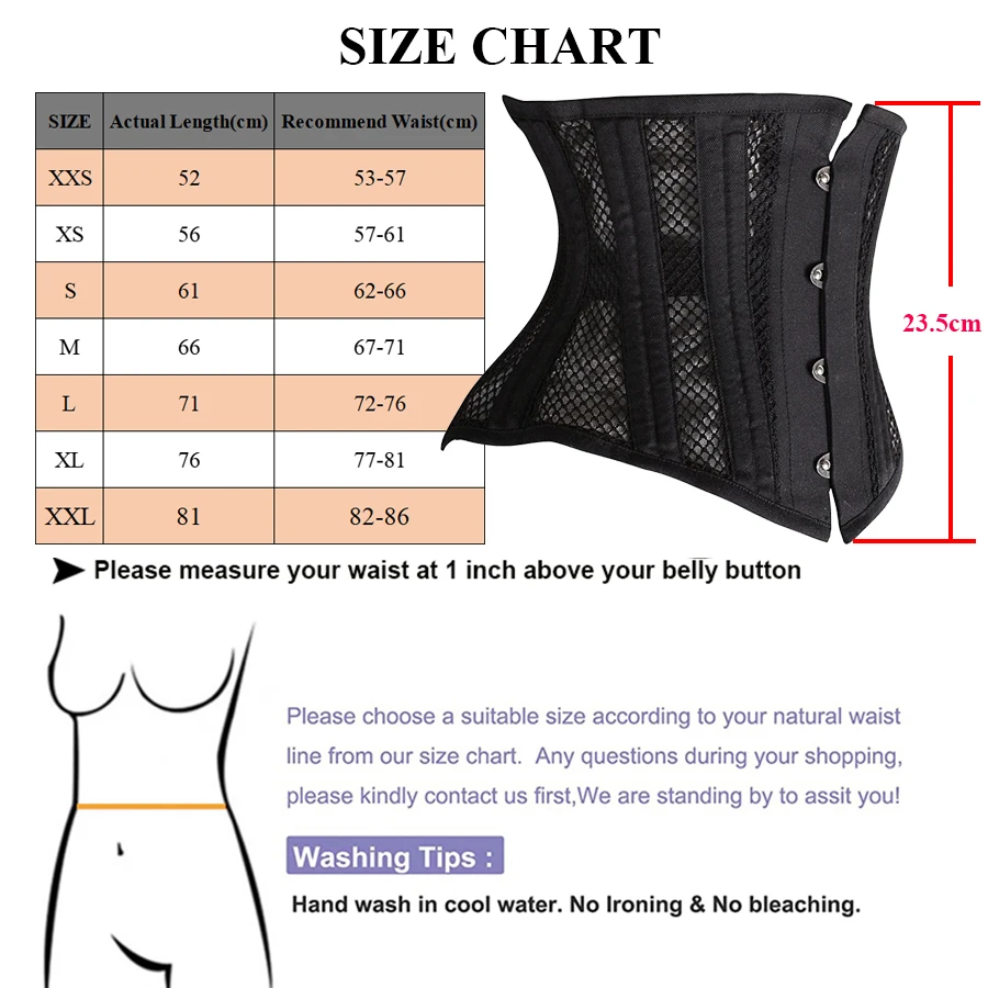 Short Torso Underbust Corset Waist Trainer Gothic Steampunk Bustier Corset Body Shaper 26 Steel Boned Breathable Mesh Lace Up