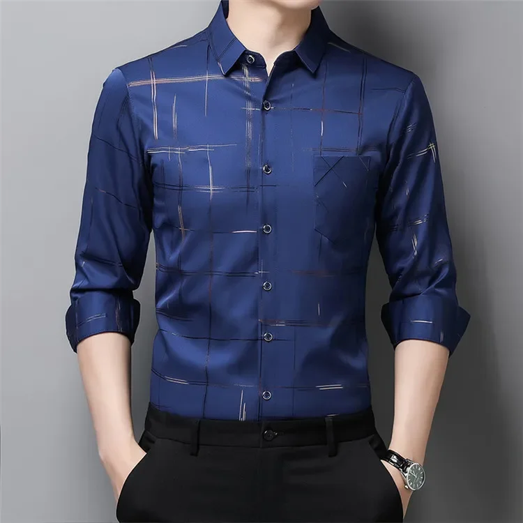 Shirt Men Long sleeved Quality Elastic Gold Stamped Non iron Business Fashion Casual