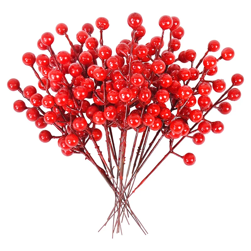 5-30pcs Artificial Red Berries Stem Christmas Red Holly Berry Stamen Fake Flowers Plants Ornament New Year Party Home Decoration