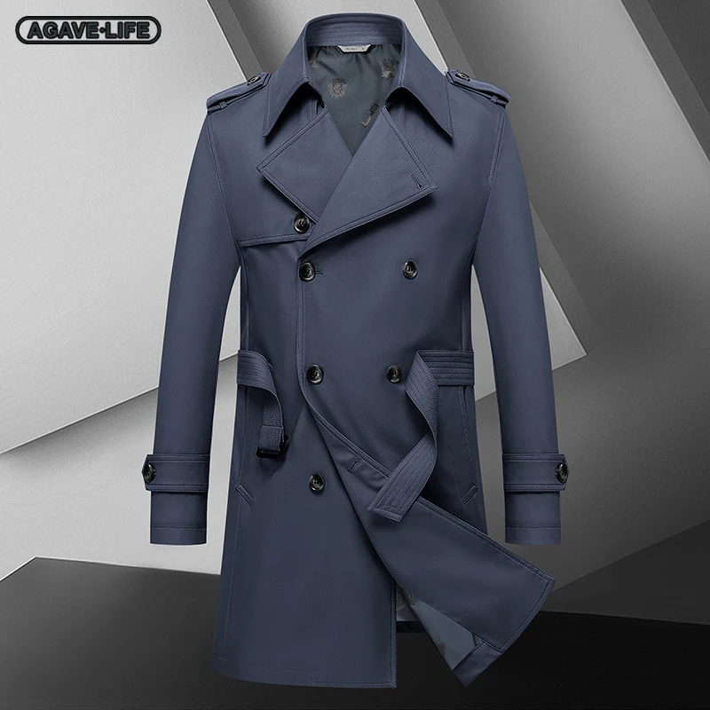 

Haze Blue Men's Coats Spring Autumn Bussiness Male Double-breasted Belted Mid-length Windbreaker Comfortable Male Trench Jackets