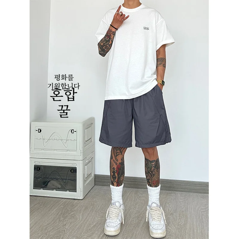 퓨어 블랙 퀵 드라이 남성 여름 얇은 캐주얼 농구 스포츠 반바지 루즈 피트 아이스 실크 5분 바지 겉옷
