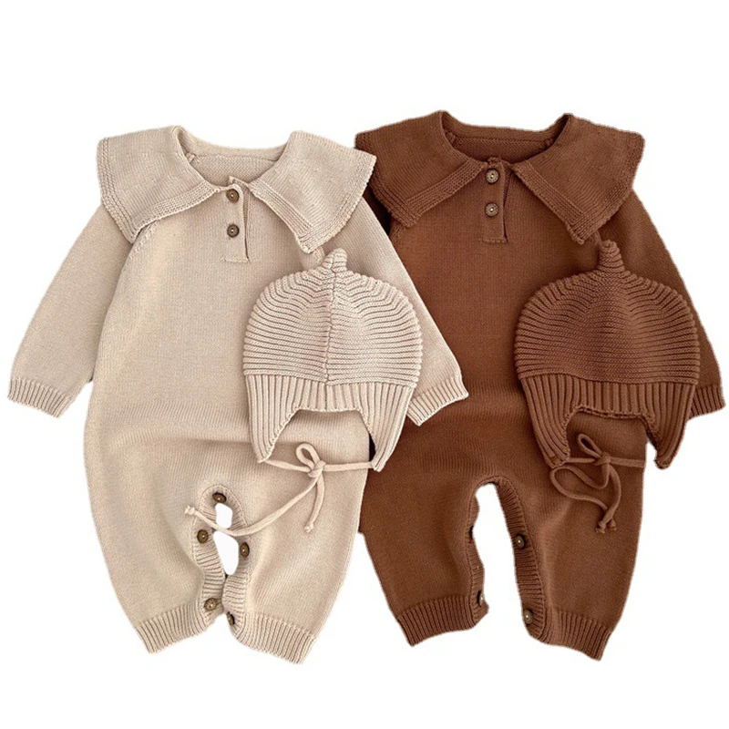 

Autumn Newborn Baby Girls Jumpsuit +Hat Knitting Cotton Long Sleeve One Piece Outfit Toddler Baby Boy Girl Romper Winter Clothes
