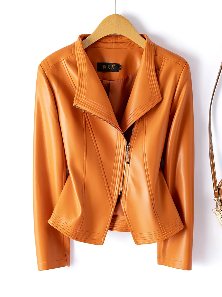  Ning Genuine Leather Jacket Women's Spring Autumn New Style Suit Collar Fashion Sheepskin Short Coat for Small Figures