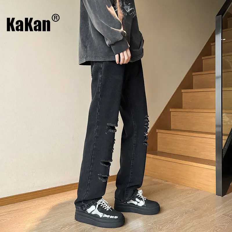 Kakan - New High Street Distressed Jeans Men's Wear, Wash Vintage Loose  Slim Fit Straight Leg Jeans K24-KJ2229