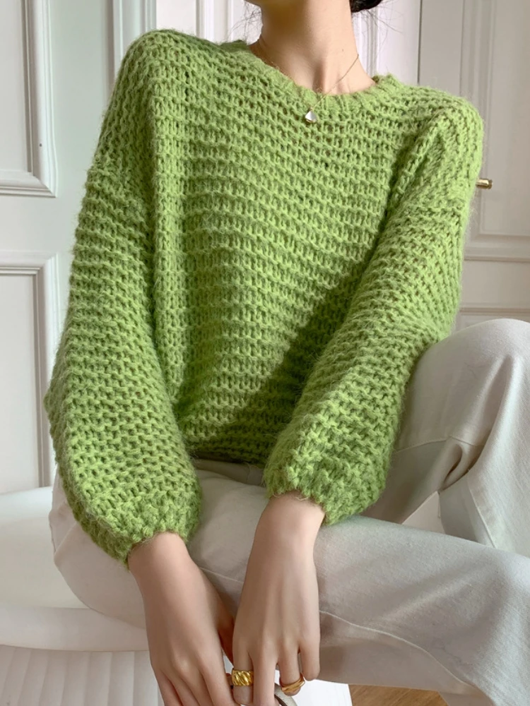 

18% Woolen Sweater Cropped Top Women Pullover 2023 Autumn Winter England Style Loose Vintage O-Neck Hollow Out Knit Pull Femme