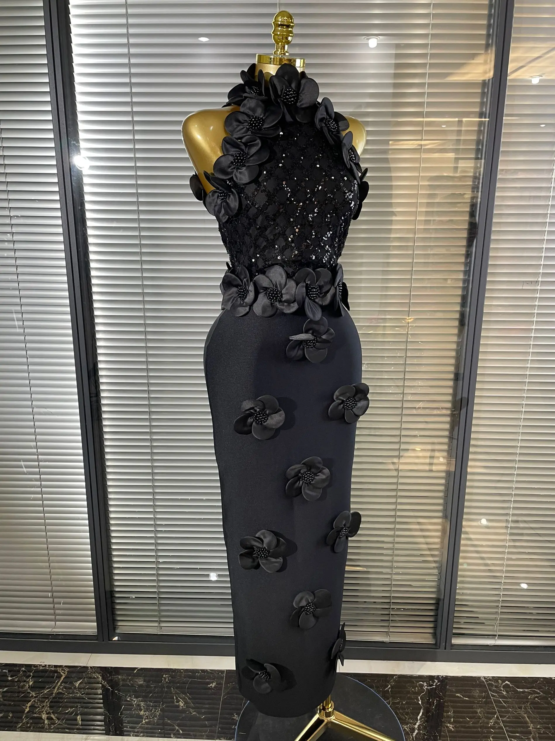 Black Red Women Shining Sequins Florals Sexy O-Neck Bodycon Bandage Long Dress Evening Party Christmas Birthday Outfit