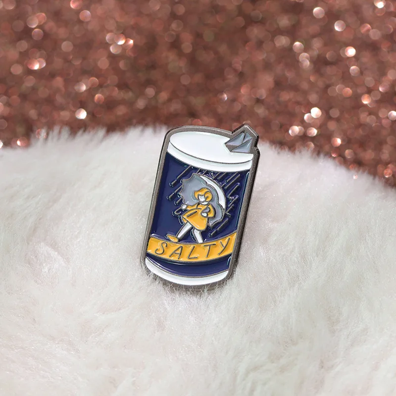 Creative Salty Can Enamel Brooch Pins Cute Anime Girl Holding Umbrella Advertisment Badge Metal Alloy Corsage Accessories Jewelr