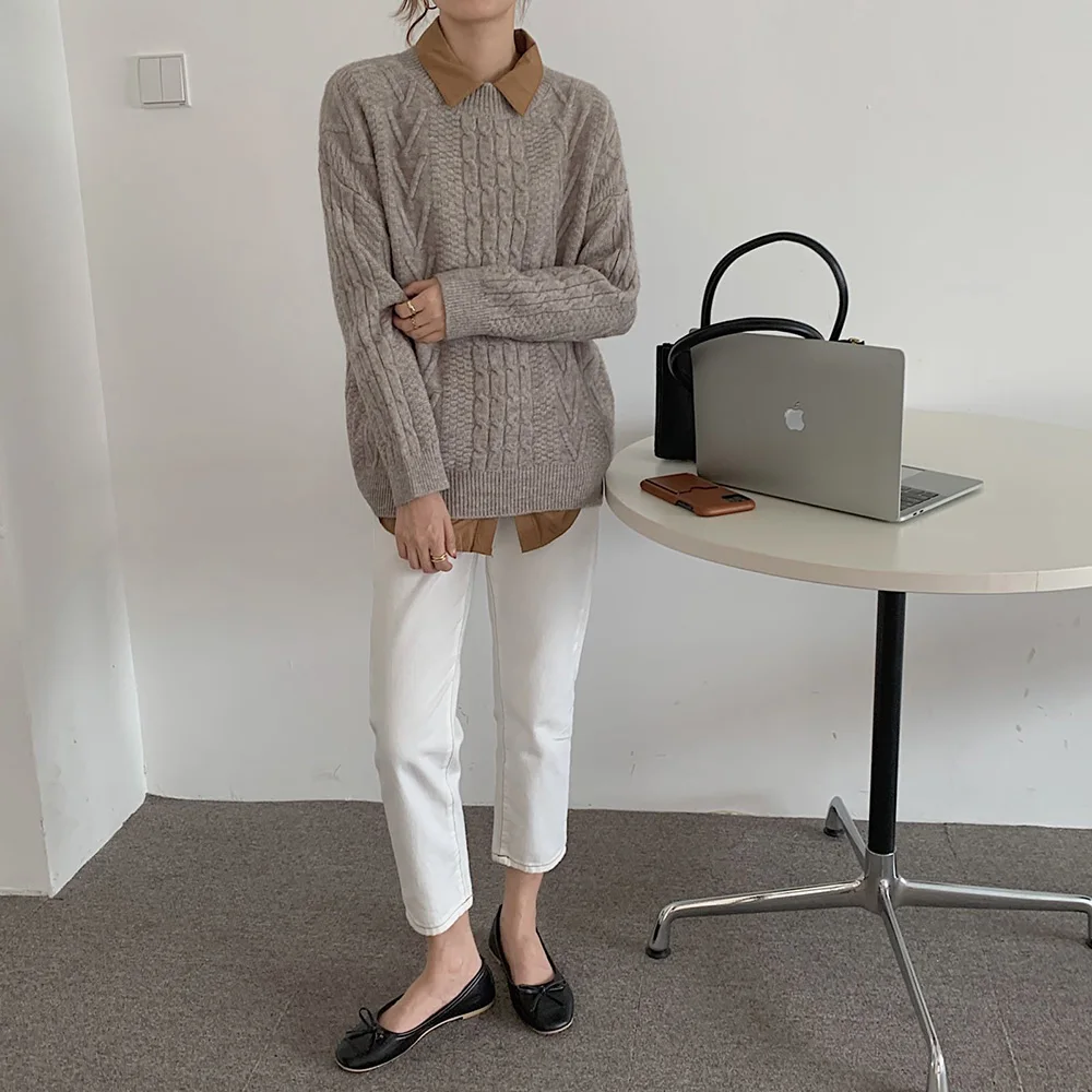 Croysier Fall Winter Fashion Clothing 2021 Women Warm Casual Twisted Knitted Pullover Jumper Crew Neck Long Sleeve Loose Sweater turtleneck