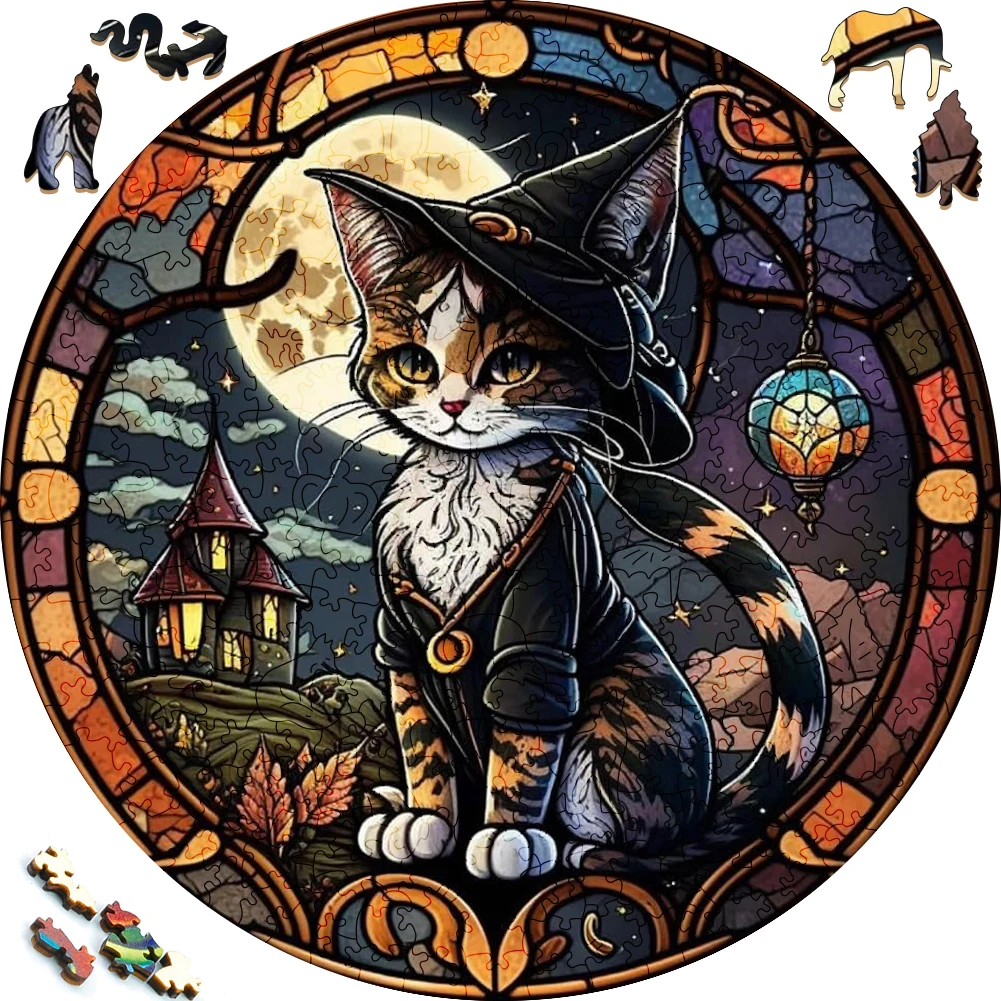 Mysterious Wooden Puzzle painted Black Cat Funny Toy Animal Wood Puzzles Smart Game Round Shaped Jigsaw Puzzle Best Gift For kid 2