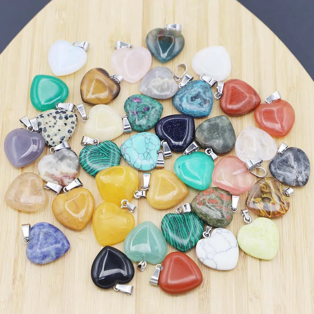 Assorted Fashion Mixed Color Natural&Synthetic Stone Heart Pendant Charm Necklace For Women Jewelry Making 20mm 50pcs Wholesale