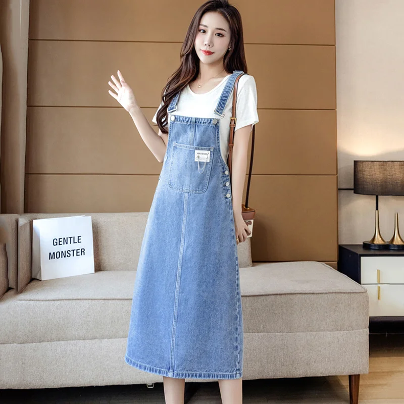 

Split Jeans Strap Dress Women's 2024 Spring Summer New Strap Dresses Female Fashion Pocket Loose Long Sleeveless Denim Dress