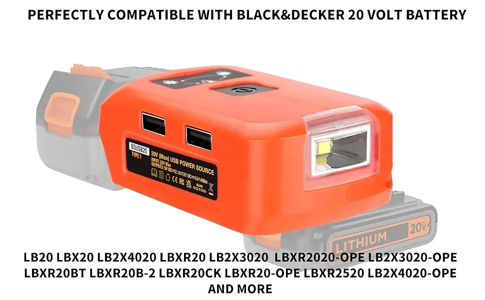 Battery Adapter for Black and Decker 20v Lithium Battery USB Phone Charger Led W