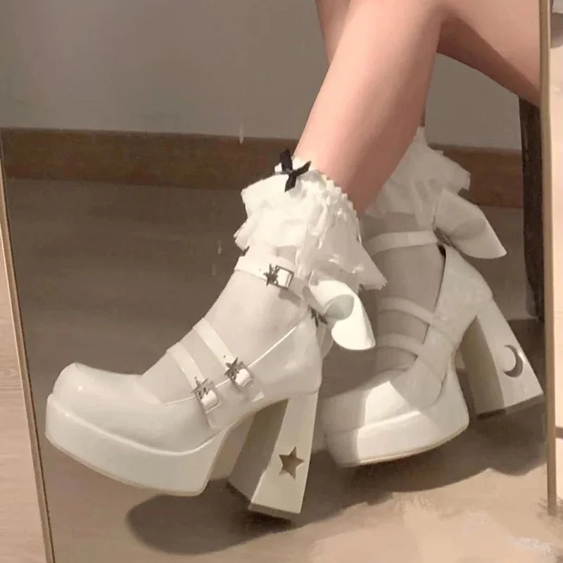 Chunky Platform High Heels Pumps Women 2024 Spring Punk Thick Heel Mary Jane Lolita Shoes Woman Patent Leather Cosplay Shoes