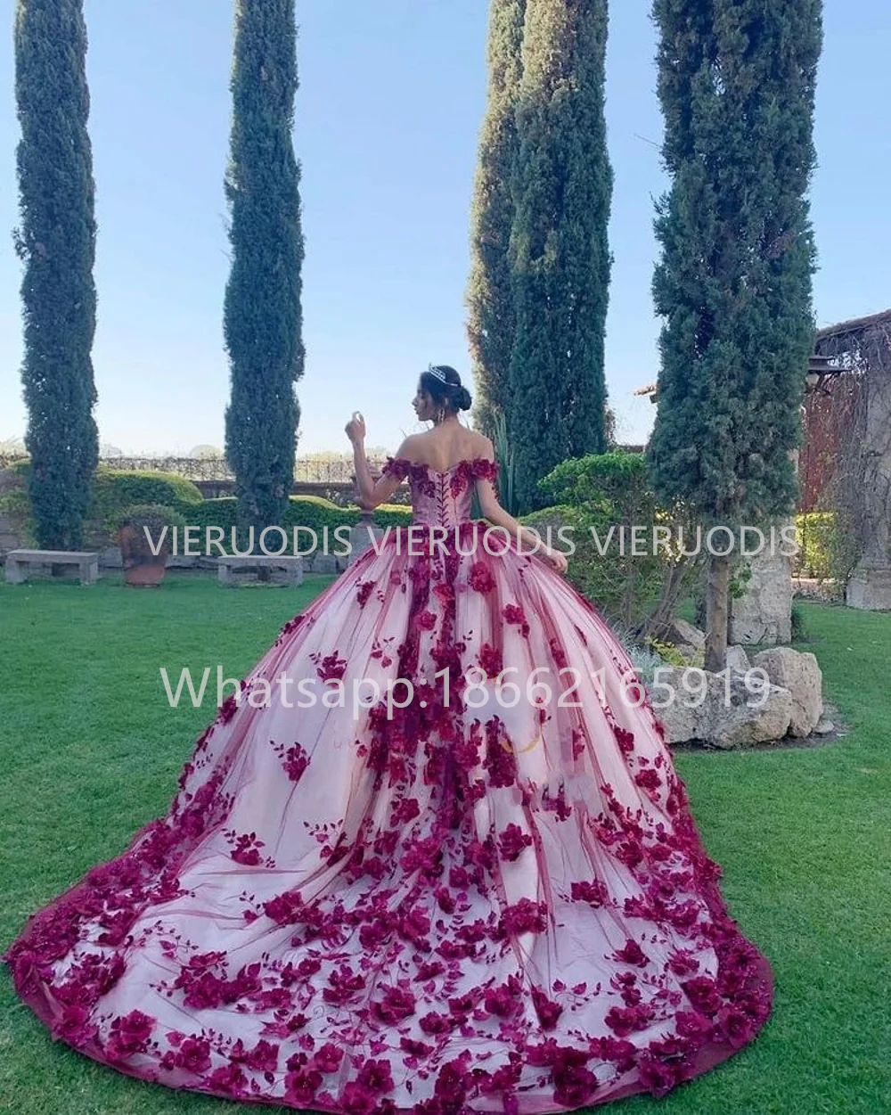 Dark Red Ball Gown Quinceanera Dresses Lace Applique 3D Flowers Beads Sweet 15 16 Dress Party Wear Xv A&ntilde;os