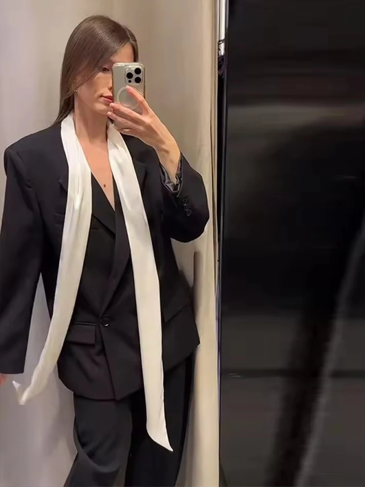 Elegant Color-block Scarf Detachable Blazer Women Chic Lapel Double Breasted Loose Jacket Female 2026 Spring Autumn Lady Coat ﻿