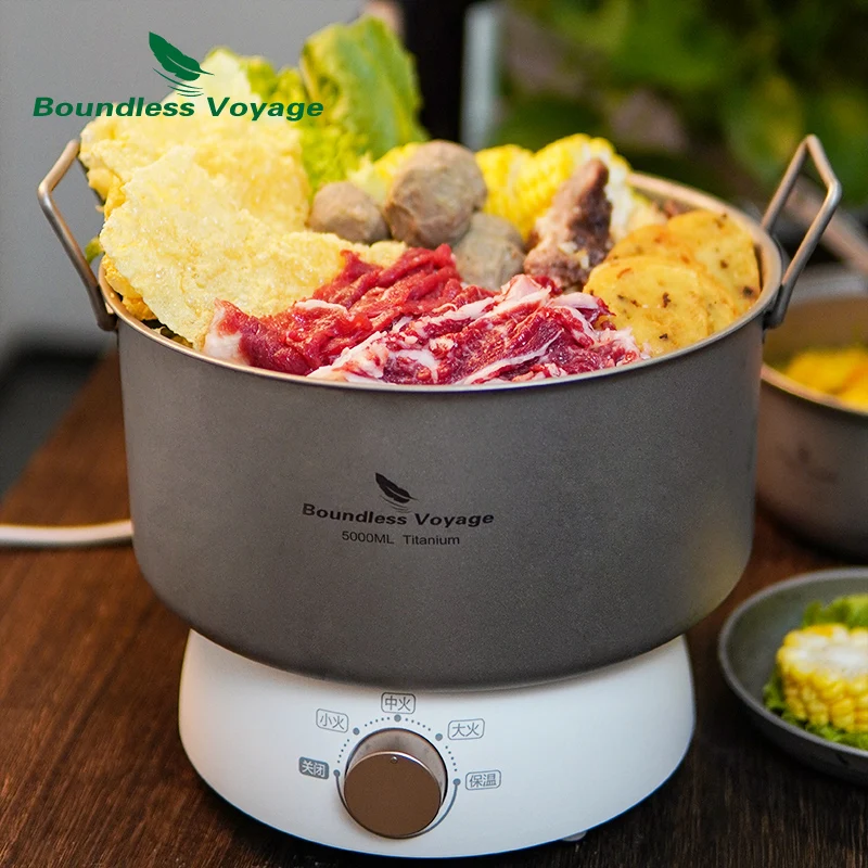 Big Capacity Soup Pot Titanium Camping Pot with Lid Folding Handle Hiking Picnic Outdoor Cooking 2L 5L Boundless Voyage