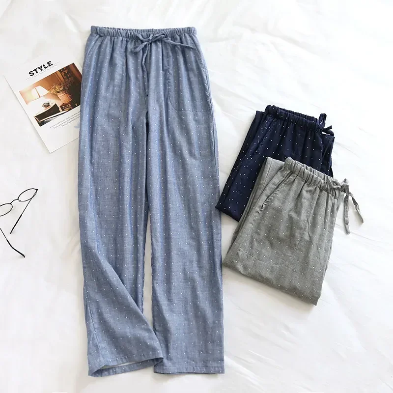 

Polka Gauze Dot Women Night Spring For Autumn Cotton New Wear Bottoms Couple Men Pajama Lounge Thin Long Pants Sleep