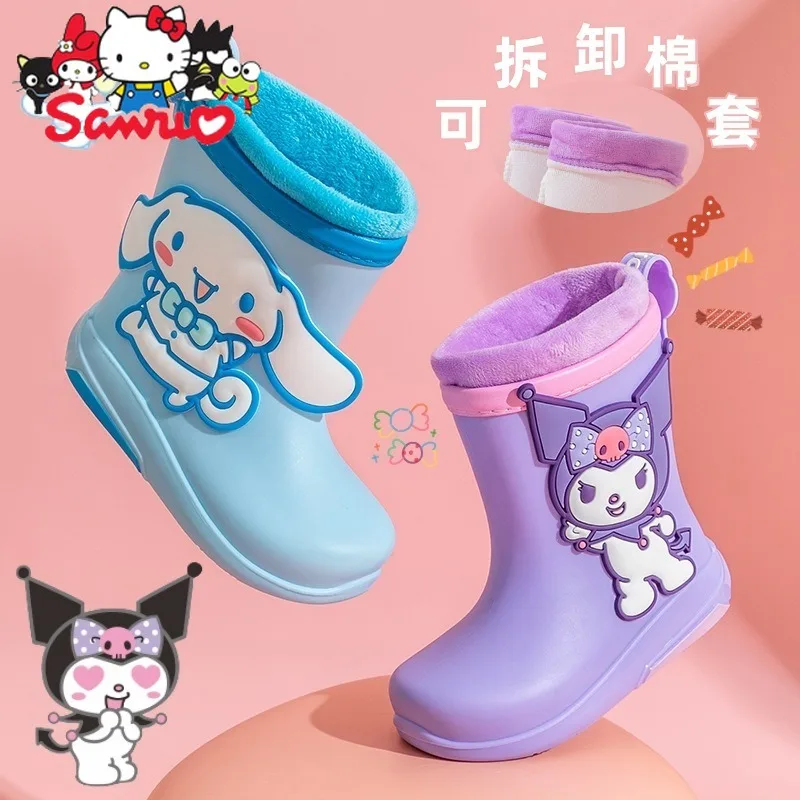 Sanrio Melody Kuromi Hello Kitty Cinnamoroll Pochacco Sleeve Mid-barrel Rain Boots Kids Fleece Non-slip Wear-resistant Baby Boot adjustable cotton dog shoes non slip waterproof rubber cats dogs socks sole for chihuahua puppy cat rain snow boots pet products