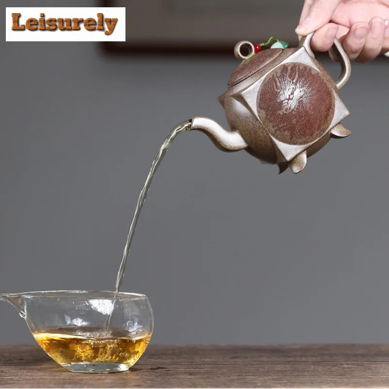 200ml Yixing Purple Clay Teapots Handmade Square And Circle Pot Raw Ore Wood-fired Porcelain Mud Tea Brewing Kettle Zisha Teaset