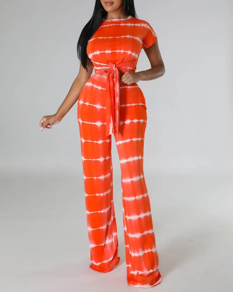 2023 Elegant Office Two Piece Set Women Fashion Casual Stripe Print O Neck Short Sleeve Bandage Tshirt Wide Leg Pants Tracksuit