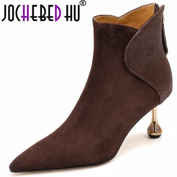 【JOCHEBED HU】Handmade Genuine Leather Shoes Ankle Boots For Women High heels Pointed Toe Dress Party Office Lady Shoes 34-39